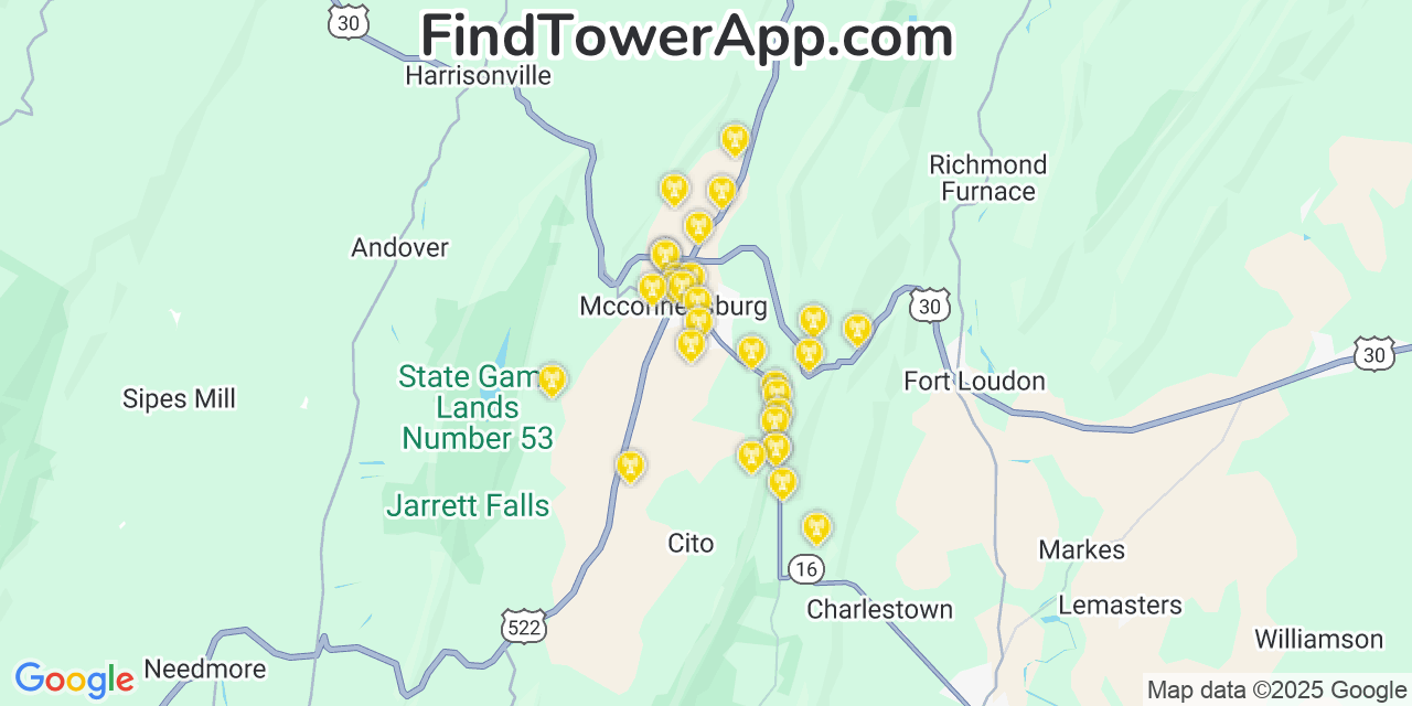 Map showing the 29 primary AT&T cell tower locations detected in Mcconnellsburg, Pennsylvania with coverage radius and signal strength indicators