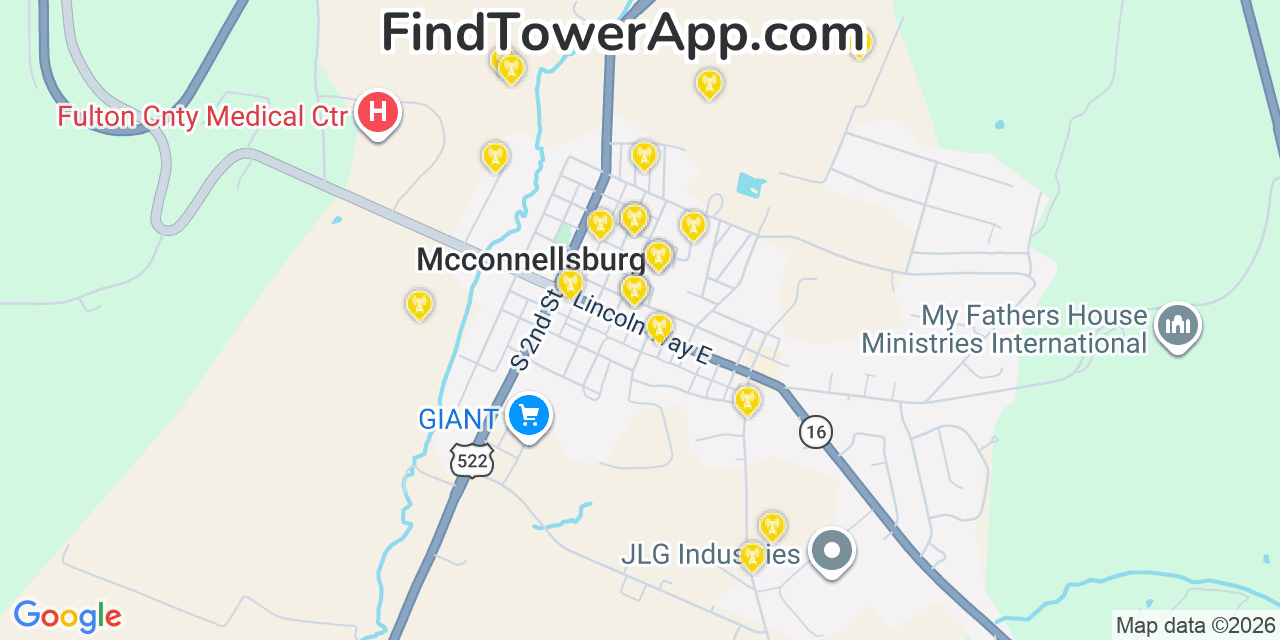 Map showing the 20 primary cell tower locations detected in Mcconnellsburg, Pennsylvania from AT&T, Verizon, and T-Mobile networks