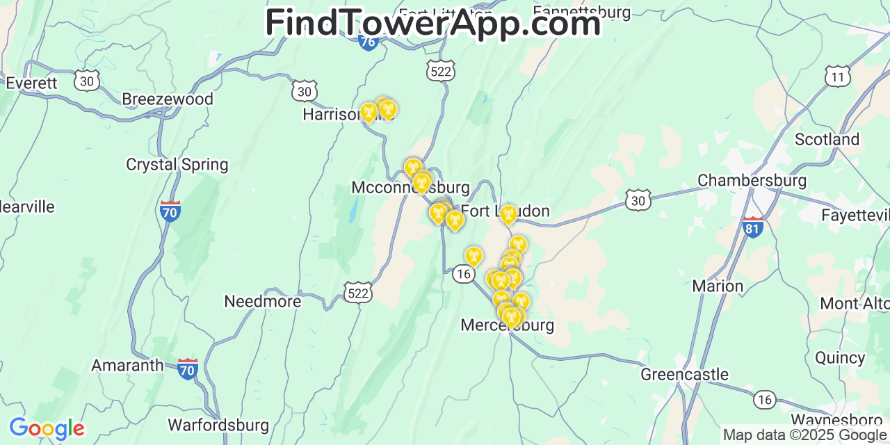 Map showing the 31 primary Verizon cell tower locations detected in Mcconnellsburg, Pennsylvania with coverage radius and signal strength indicators