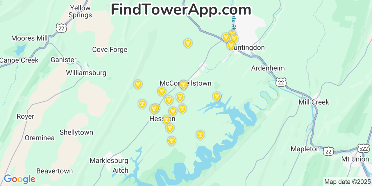 Map showing the 21 primary AT&T cell tower locations detected in Mcconnellstown, Pennsylvania with coverage radius and signal strength indicators