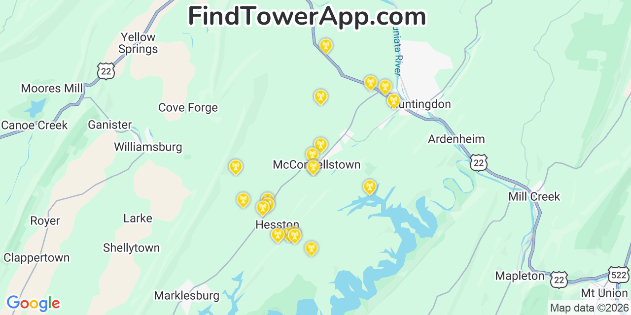 Map showing the 20 primary cell tower locations detected in Mcconnellstown, Pennsylvania from AT&T, Verizon, and T-Mobile networks
