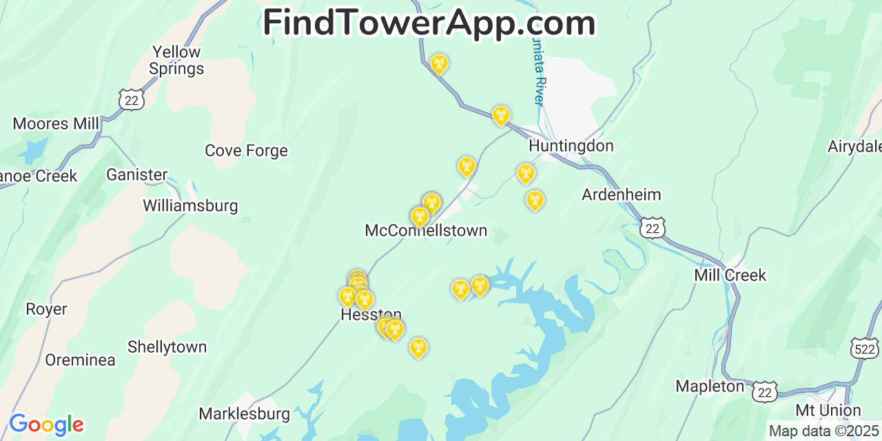 Map showing the 22 primary T-Mobile cell tower locations detected in Mcconnellstown, Pennsylvania with coverage radius and signal strength indicators