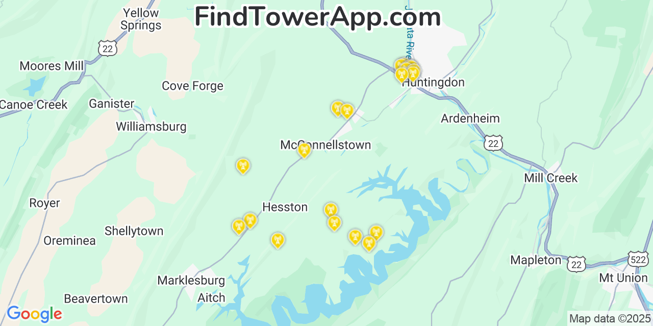 Map showing the 20 primary Verizon cell tower locations detected in Mcconnellstown, Pennsylvania with coverage radius and signal strength indicators