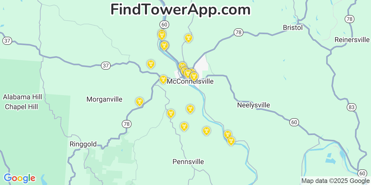 Map showing the 26 primary AT&T cell tower locations detected in Mcconnelsville, Ohio with coverage radius and signal strength indicators