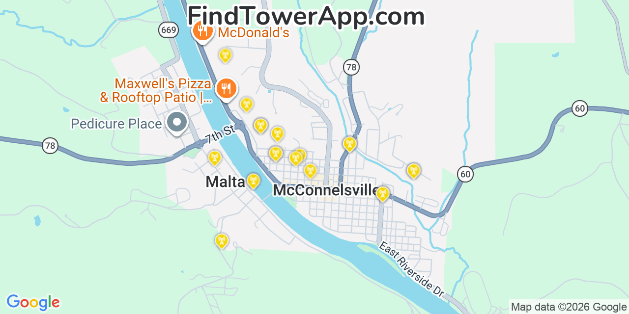 Map showing the 20 primary cell tower locations detected in Mcconnelsville, Ohio from AT&T, Verizon, and T-Mobile networks