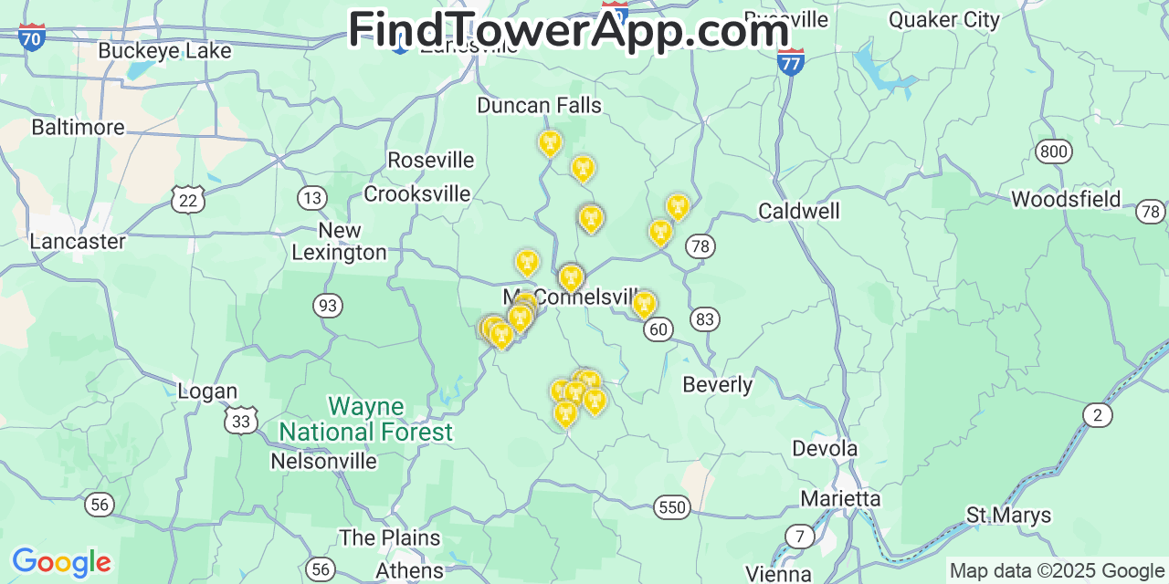Map showing the 30 primary T-Mobile cell tower locations detected in Mcconnelsville, Ohio with coverage radius and signal strength indicators