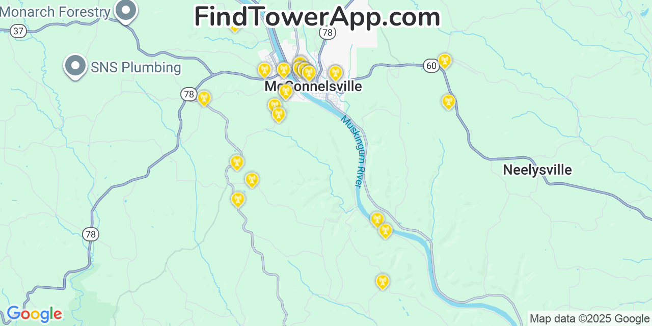 Map showing the 27 primary Verizon cell tower locations detected in Mcconnelsville, Ohio with coverage radius and signal strength indicators
