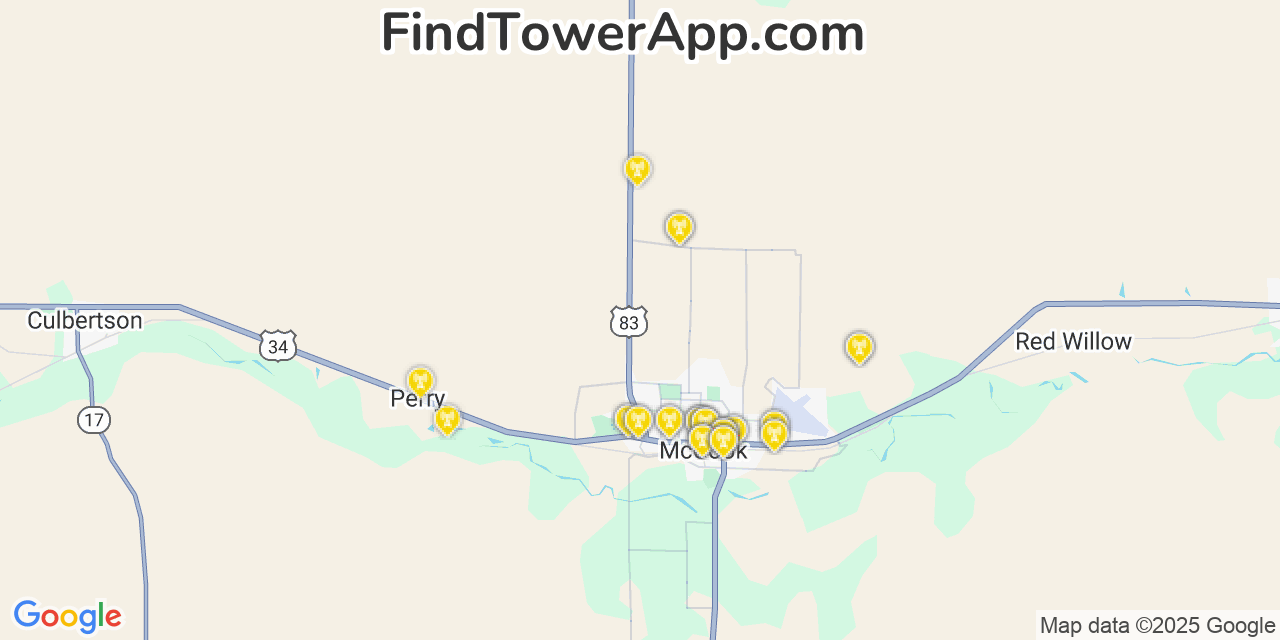Map showing the 34 primary AT&T cell tower locations detected in Mccook, Nebraska with coverage radius and signal strength indicators