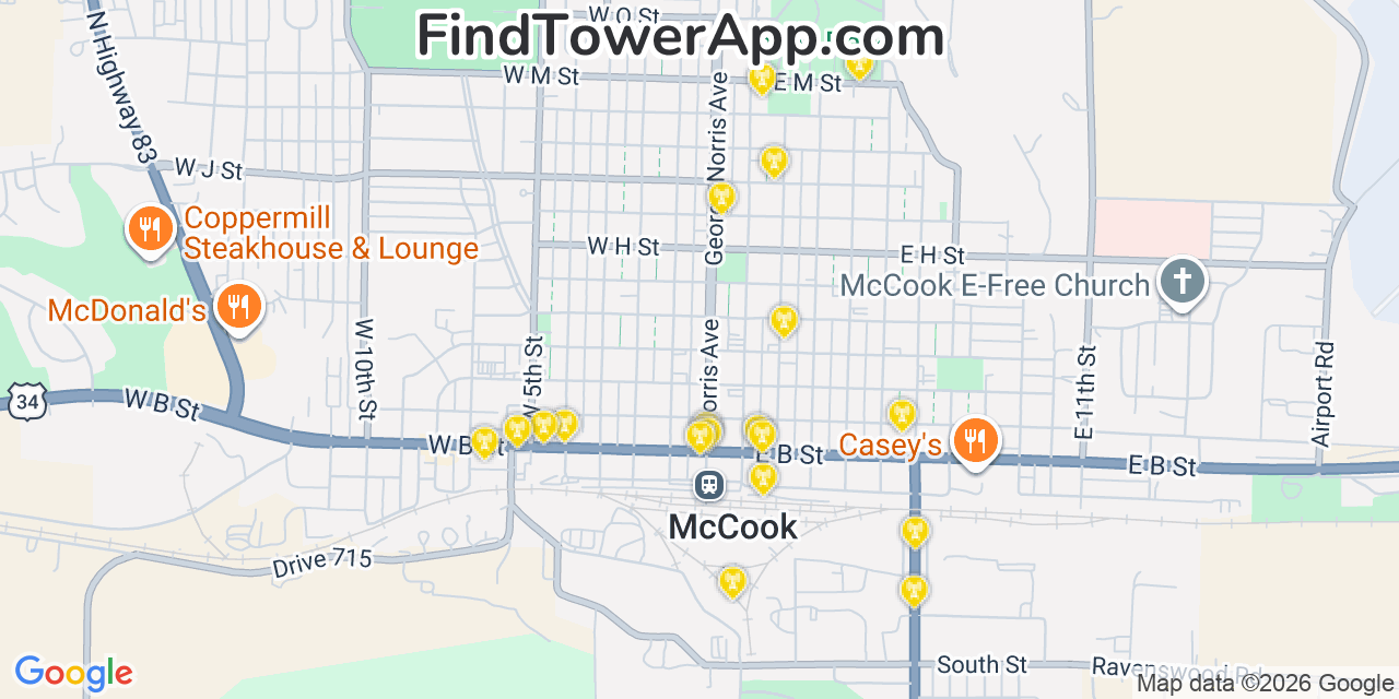 Map showing the 20 primary cell tower locations detected in Mccook, Nebraska from AT&T, Verizon, and T-Mobile networks