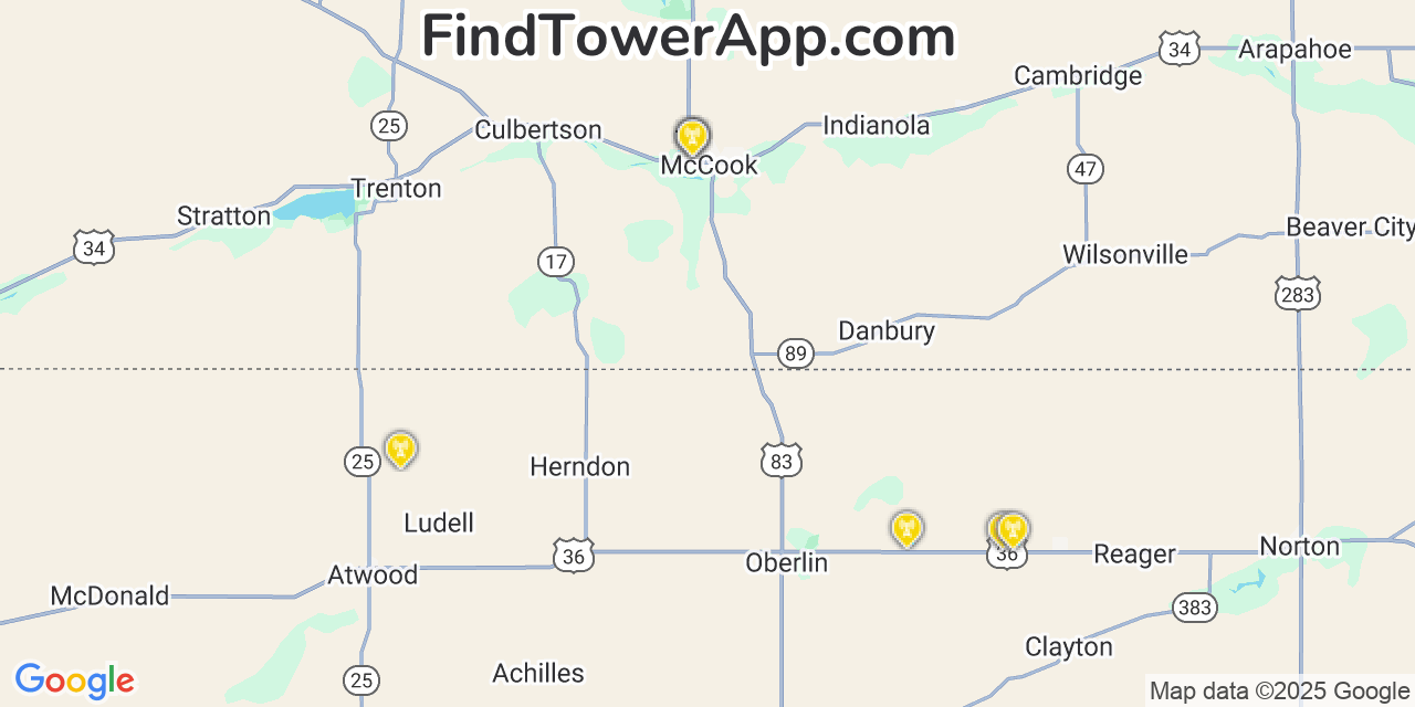Map showing the 22 primary T-Mobile cell tower locations detected in Mccook, Nebraska with coverage radius and signal strength indicators