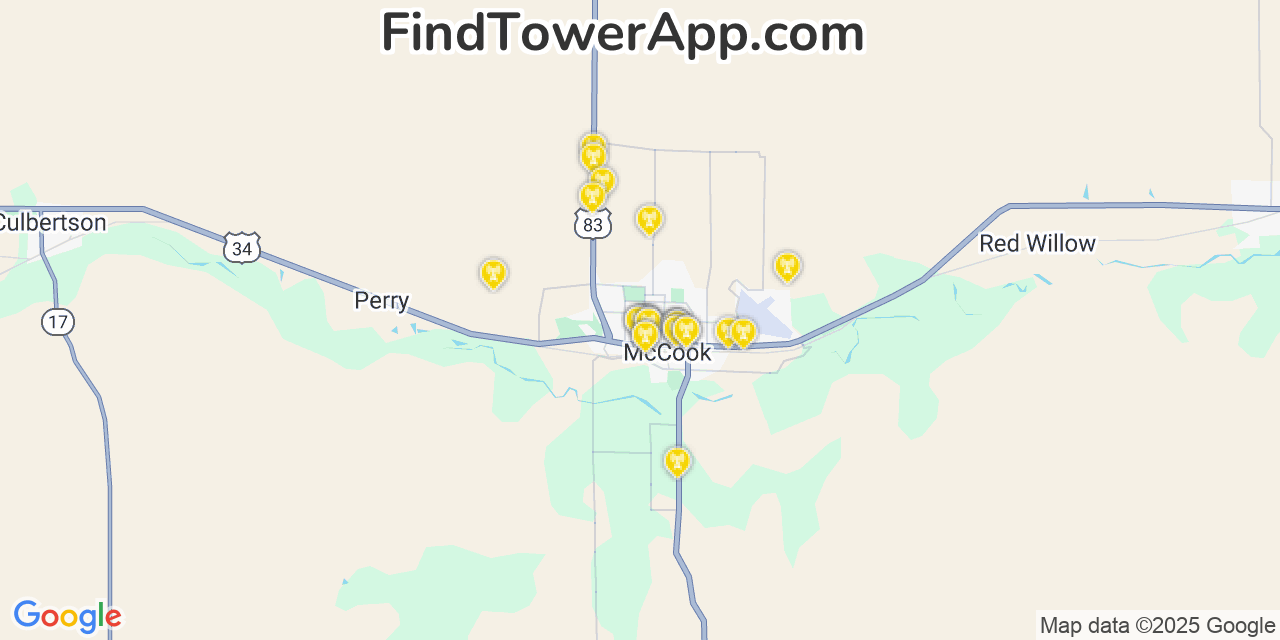 Map showing the 28 primary Verizon cell tower locations detected in Mccook, Nebraska with coverage radius and signal strength indicators