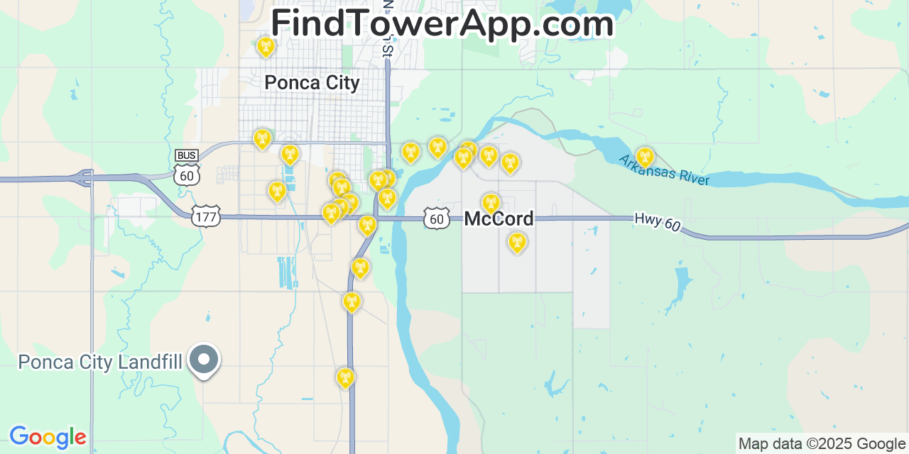 Map showing the 22 primary AT&T cell tower locations detected in Mccord, Oklahoma with coverage radius and signal strength indicators