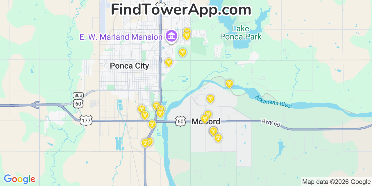 Map showing the 20 primary cell tower locations detected in Mccord, Oklahoma from AT&T, Verizon, and T-Mobile networks