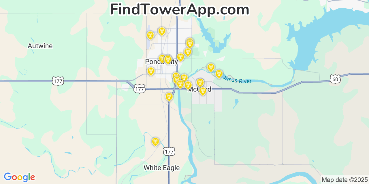 Map showing the 22 primary T-Mobile cell tower locations detected in Mccord, Oklahoma with coverage radius and signal strength indicators