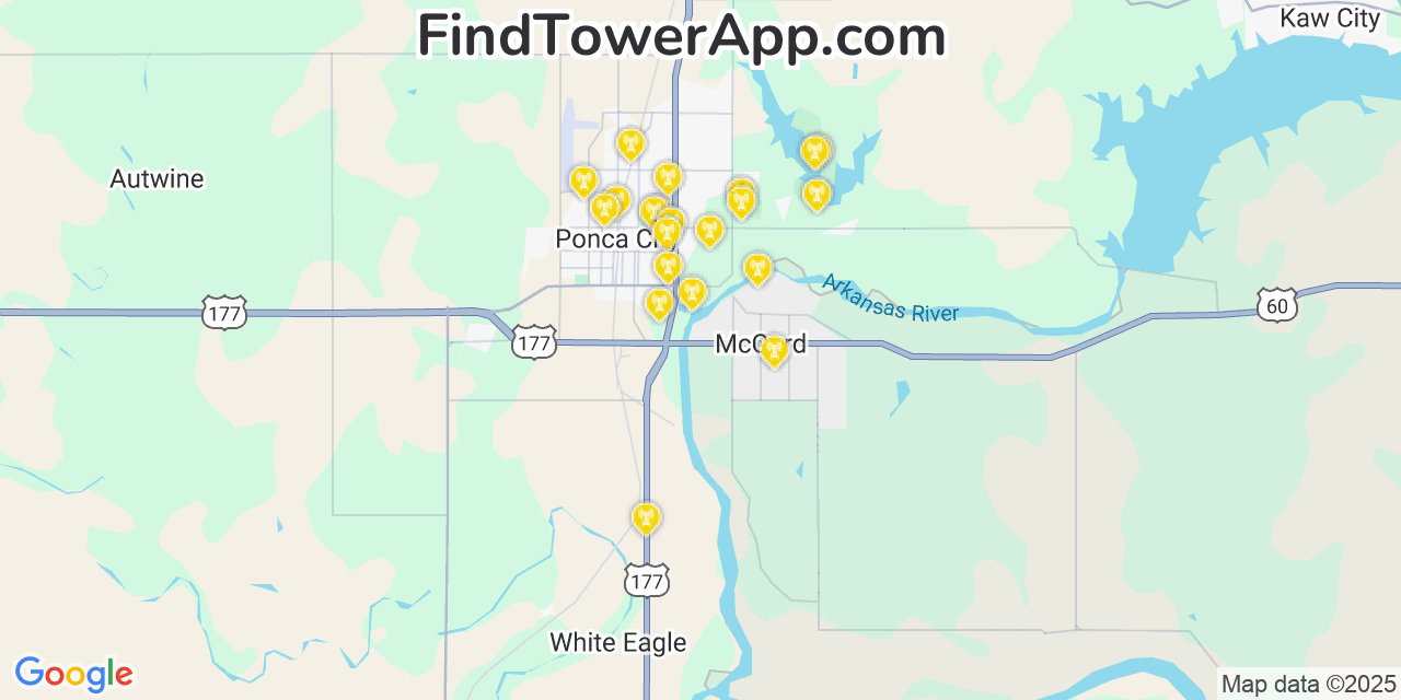 Map showing the 21 primary Verizon cell tower locations detected in Mccord, Oklahoma with coverage radius and signal strength indicators