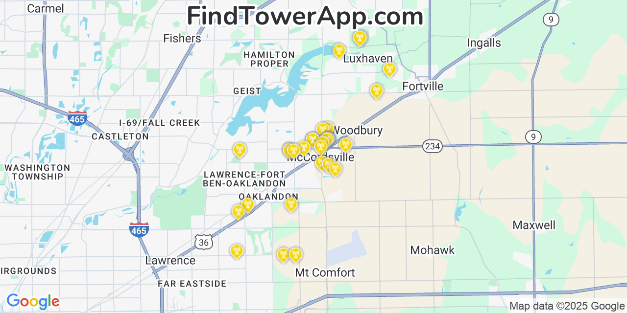 Map showing the 30 primary AT&T cell tower locations detected in Mccordsville, Indiana with coverage radius and signal strength indicators