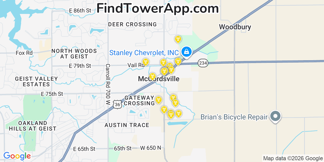 Map showing the 20 primary cell tower locations detected in Mccordsville, Indiana from AT&T, Verizon, and T-Mobile networks