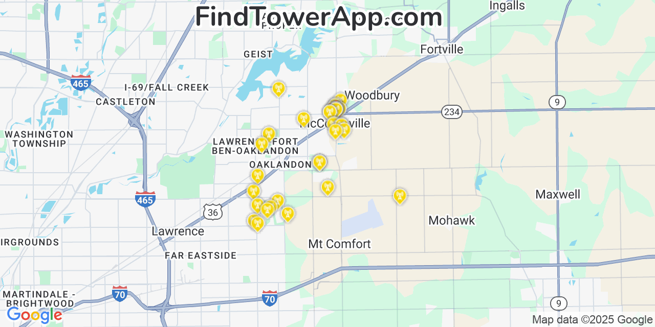 Map showing the 35 primary T-Mobile cell tower locations detected in Mccordsville, Indiana with coverage radius and signal strength indicators