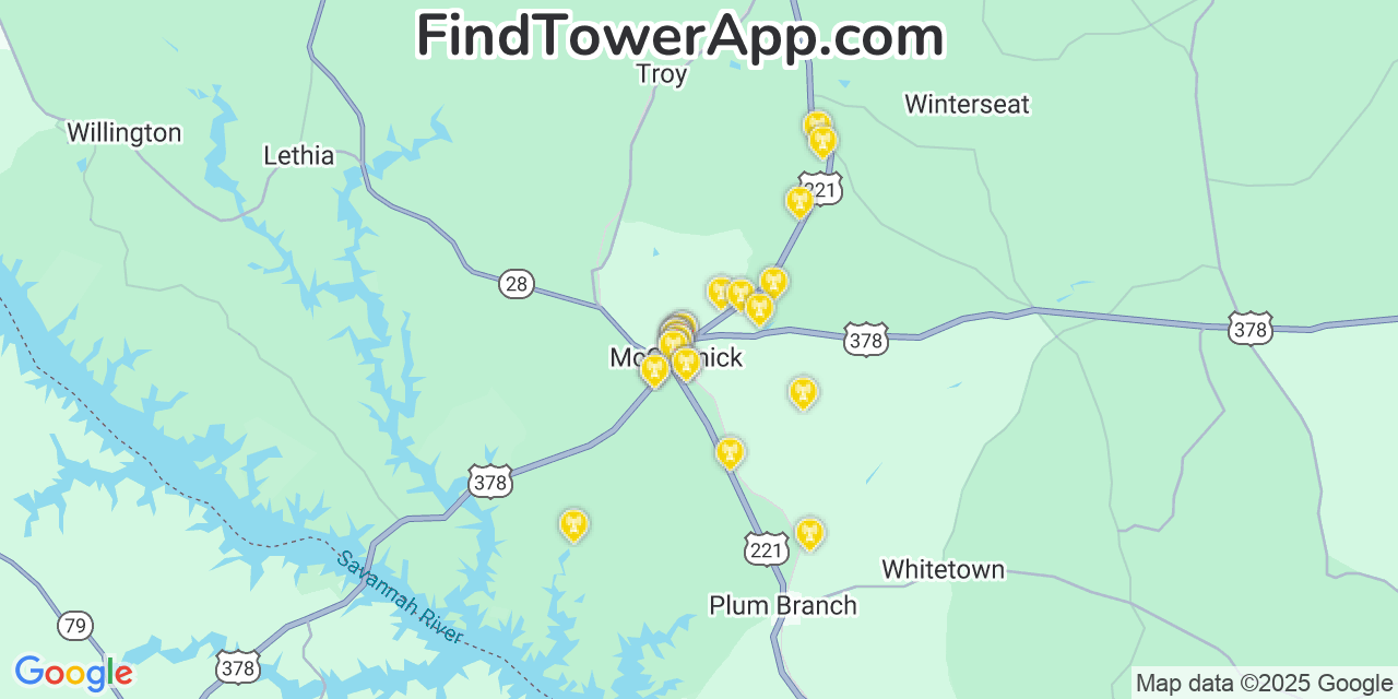 Map showing the 25 primary AT&T cell tower locations detected in Mccormick, South Carolina with coverage radius and signal strength indicators