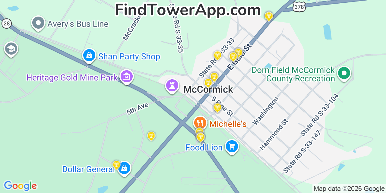 Map showing the 20 primary cell tower locations detected in Mccormick, South Carolina from AT&T, Verizon, and T-Mobile networks