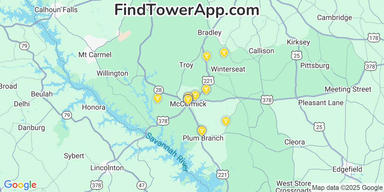 Map showing the 20 primary T-Mobile cell tower locations detected in Mccormick, South Carolina with coverage radius and signal strength indicators