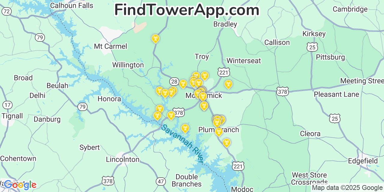 Map showing the 37 primary Verizon cell tower locations detected in Mccormick, South Carolina with coverage radius and signal strength indicators