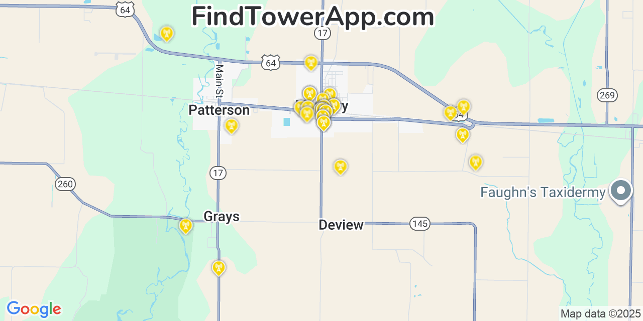 Map showing the 34 primary AT&T cell tower locations detected in Mccrory, Arkansas with coverage radius and signal strength indicators