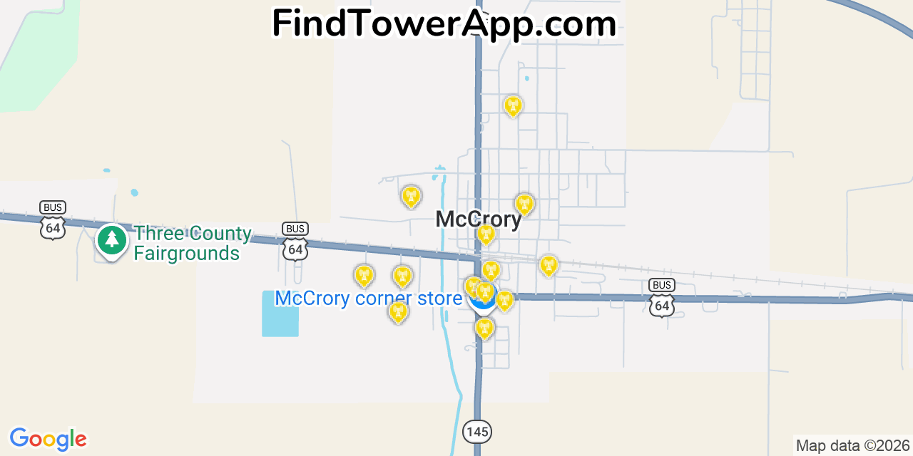 Map showing the 20 primary cell tower locations detected in Mccrory, Arkansas from AT&T, Verizon, and T-Mobile networks