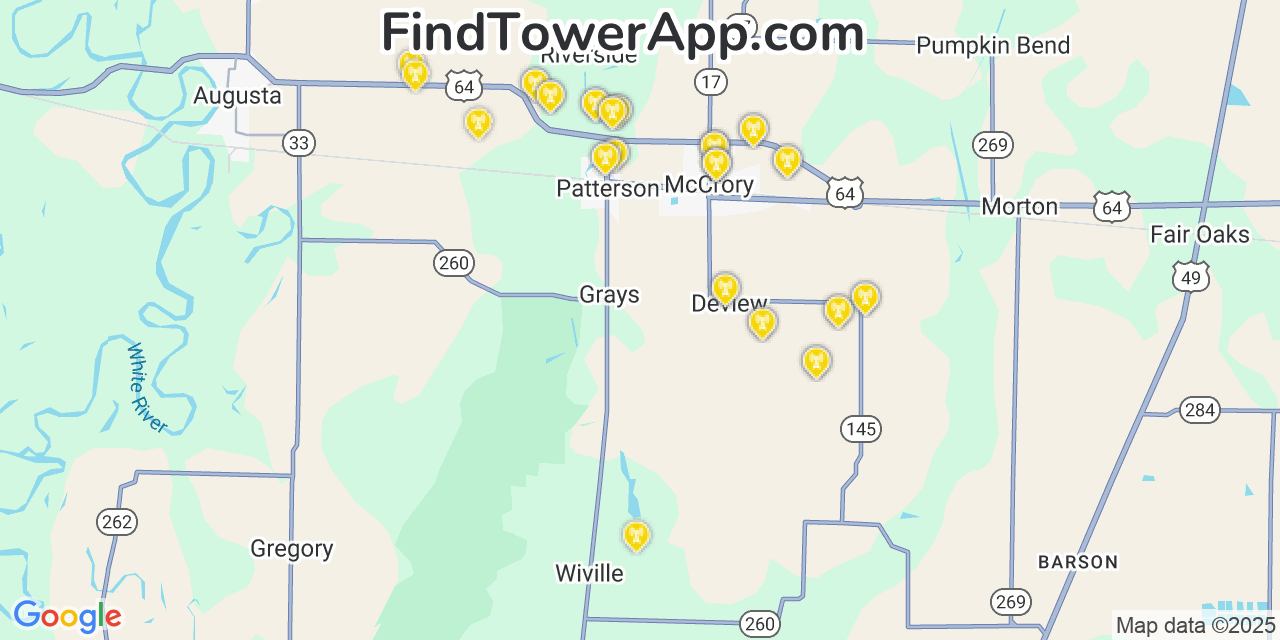 Map showing the 38 primary T-Mobile cell tower locations detected in Mccrory, Arkansas with coverage radius and signal strength indicators