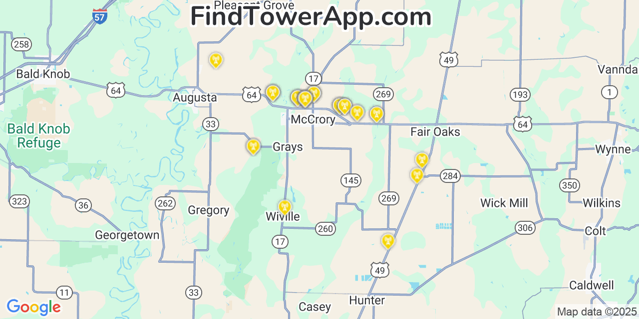Map showing the 32 primary Verizon cell tower locations detected in Mccrory, Arkansas with coverage radius and signal strength indicators