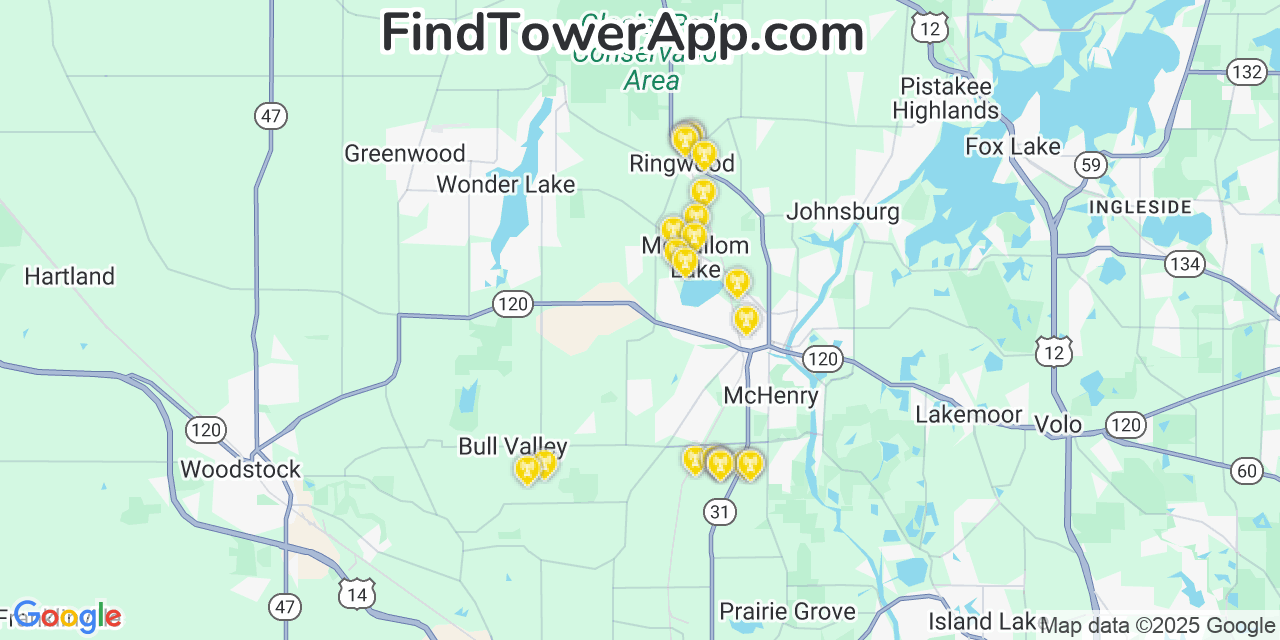 Map showing the 25 primary AT&T cell tower locations detected in Mccullom Lake, Illinois with coverage radius and signal strength indicators