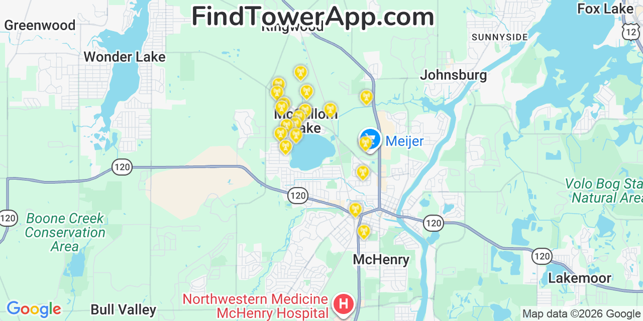 Map showing the 20 primary cell tower locations detected in Mccullom Lake, Illinois from AT&T, Verizon, and T-Mobile networks