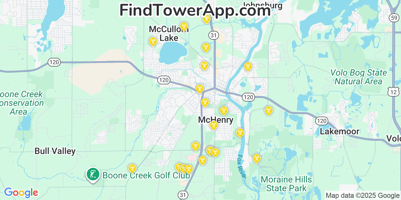 Map showing the 22 primary T-Mobile cell tower locations detected in Mccullom Lake, Illinois with coverage radius and signal strength indicators
