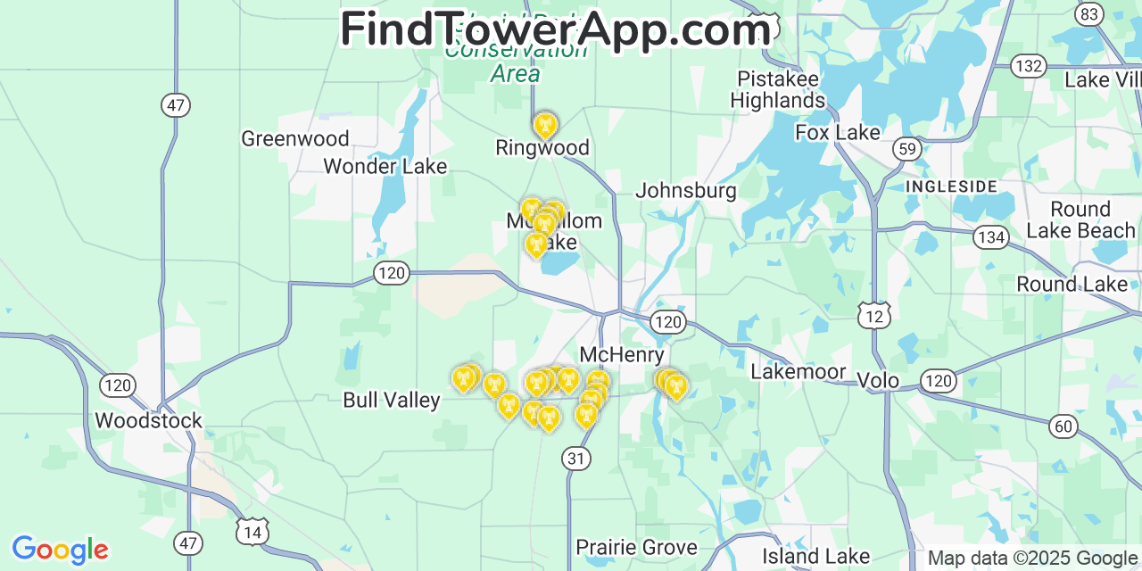 Map showing the 25 primary Verizon cell tower locations detected in Mccullom Lake, Illinois with coverage radius and signal strength indicators