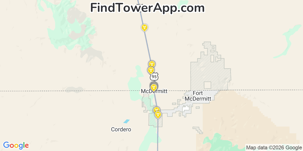 Map showing the 28 primary AT&T cell tower locations detected in Mcdermitt, Nevada with coverage radius and signal strength indicators