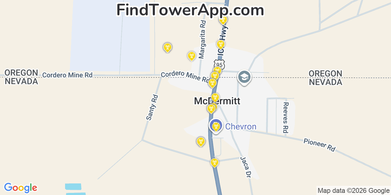 Map showing the 20 primary cell tower locations detected in Mcdermitt, Nevada from AT&T, Verizon, and T-Mobile networks