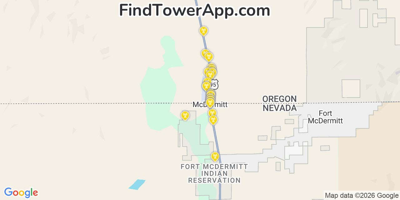 Map showing the 26 primary T-Mobile cell tower locations detected in Mcdermitt, Nevada with coverage radius and signal strength indicators