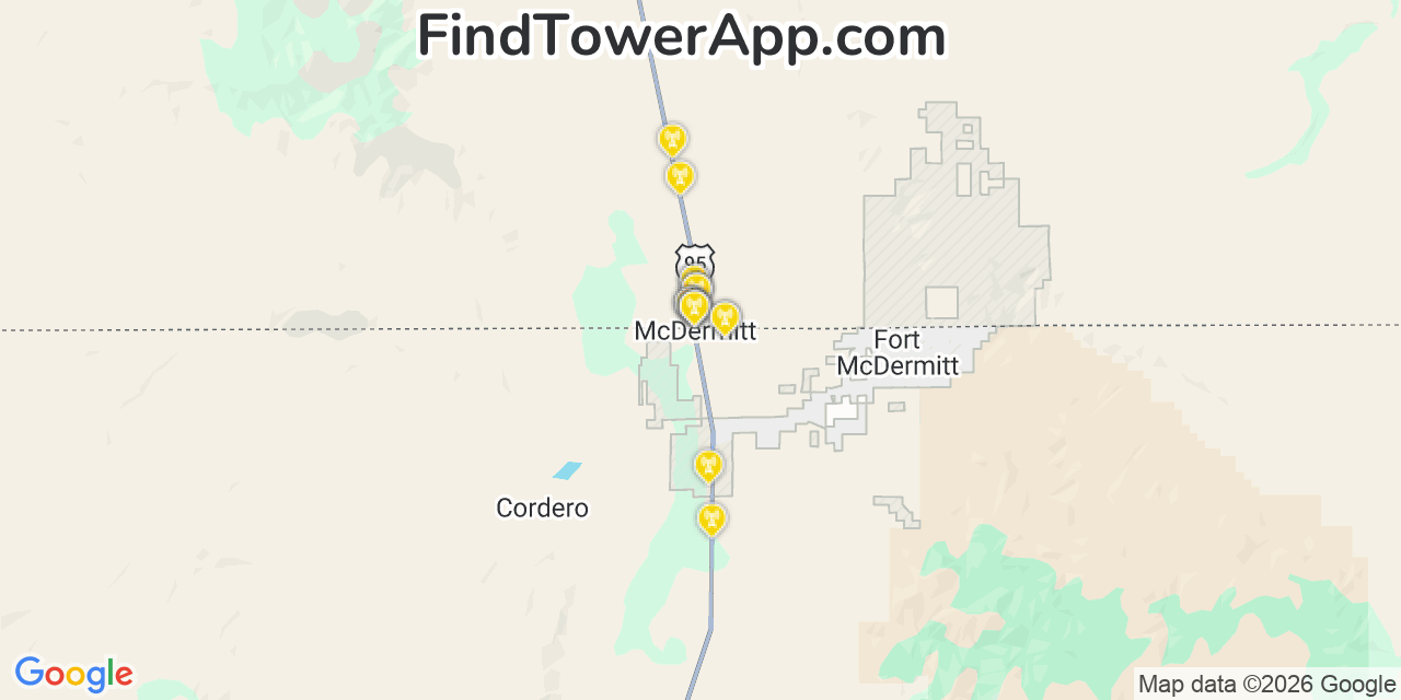Map showing the 20 primary Verizon cell tower locations detected in Mcdermitt, Nevada with coverage radius and signal strength indicators