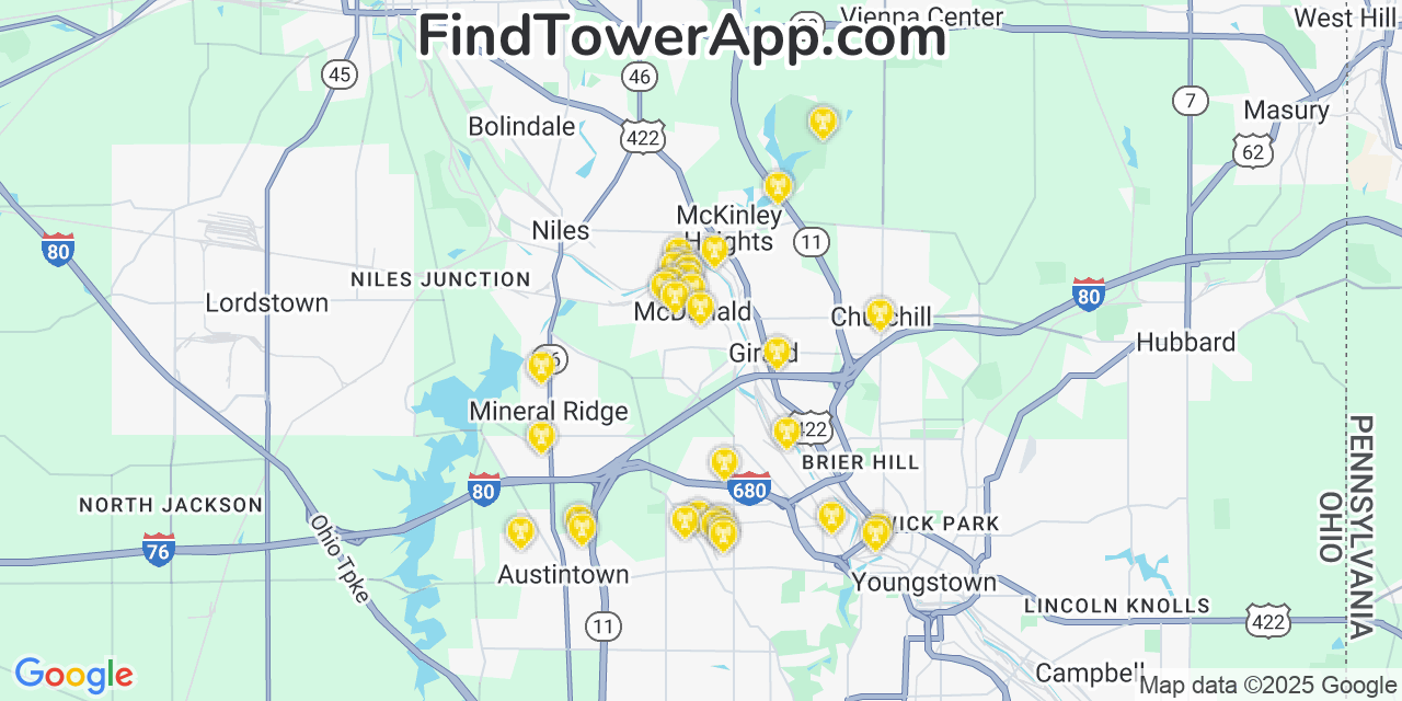 Map showing the 31 primary AT&T cell tower locations detected in Mcdonald, Ohio with coverage radius and signal strength indicators