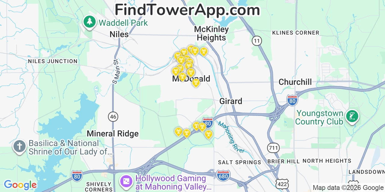 Map showing the 20 primary cell tower locations detected in Mcdonald, Ohio from AT&T, Verizon, and T-Mobile networks