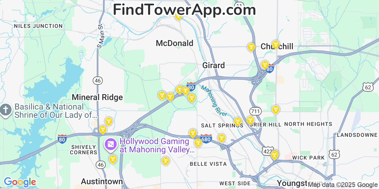 Map showing the 21 primary T-Mobile cell tower locations detected in Mcdonald, Ohio with coverage radius and signal strength indicators