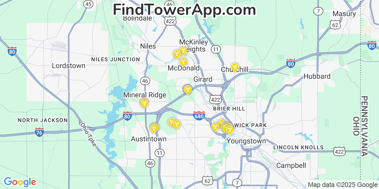 Map showing the 23 primary Verizon cell tower locations detected in Mcdonald, Ohio with coverage radius and signal strength indicators