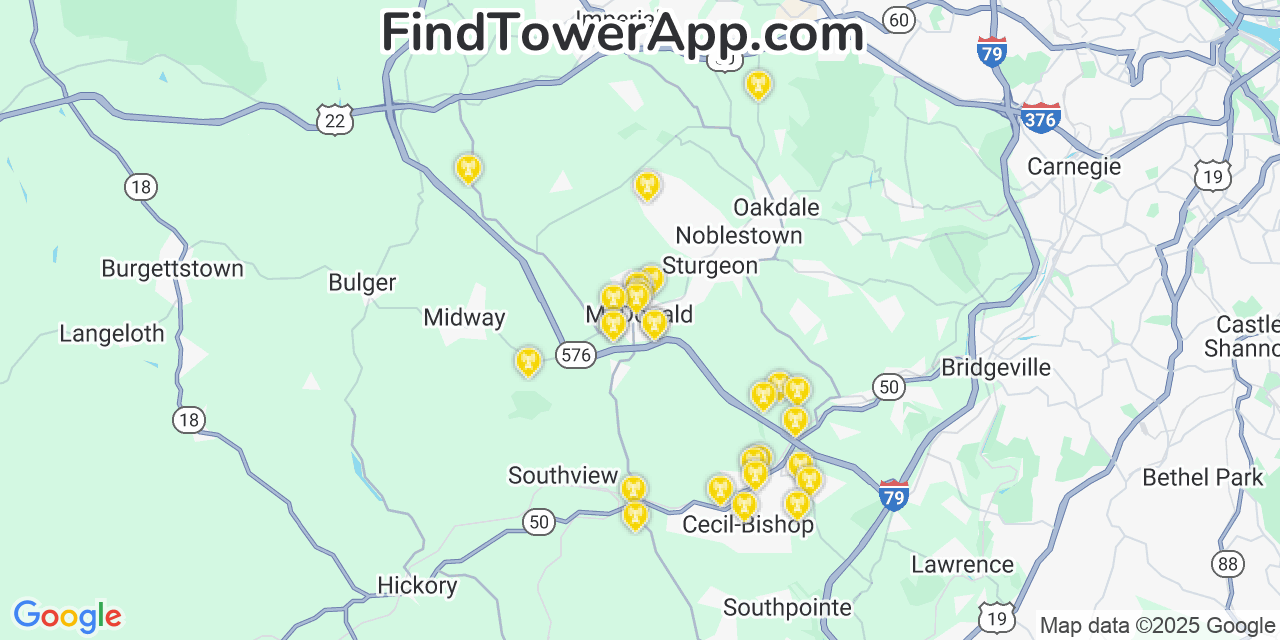 Map showing the 27 primary AT&T cell tower locations detected in Mcdonald, Pennsylvania with coverage radius and signal strength indicators