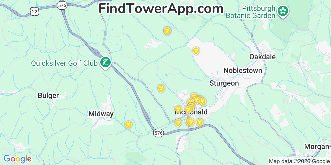Map showing the 20 primary cell tower locations detected in Mcdonald, Pennsylvania from AT&T, Verizon, and T-Mobile networks
