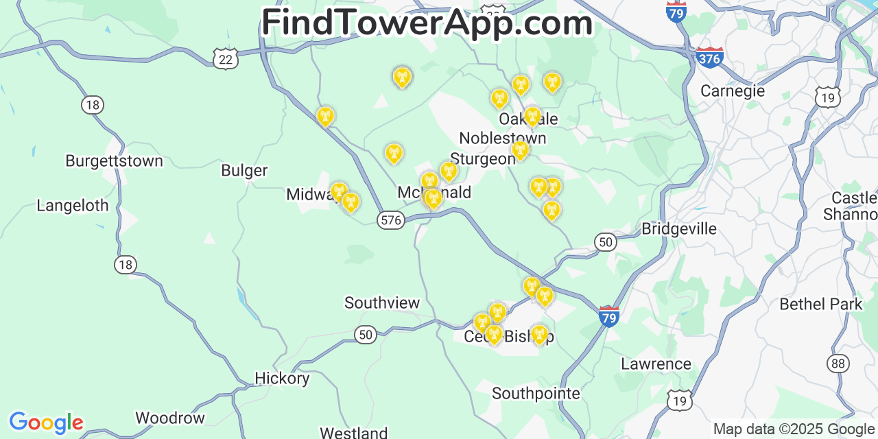 Map showing the 24 primary T-Mobile cell tower locations detected in Mcdonald, Pennsylvania with coverage radius and signal strength indicators