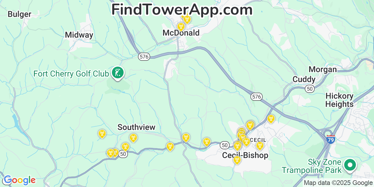 Map showing the 23 primary Verizon cell tower locations detected in Mcdonald, Pennsylvania with coverage radius and signal strength indicators