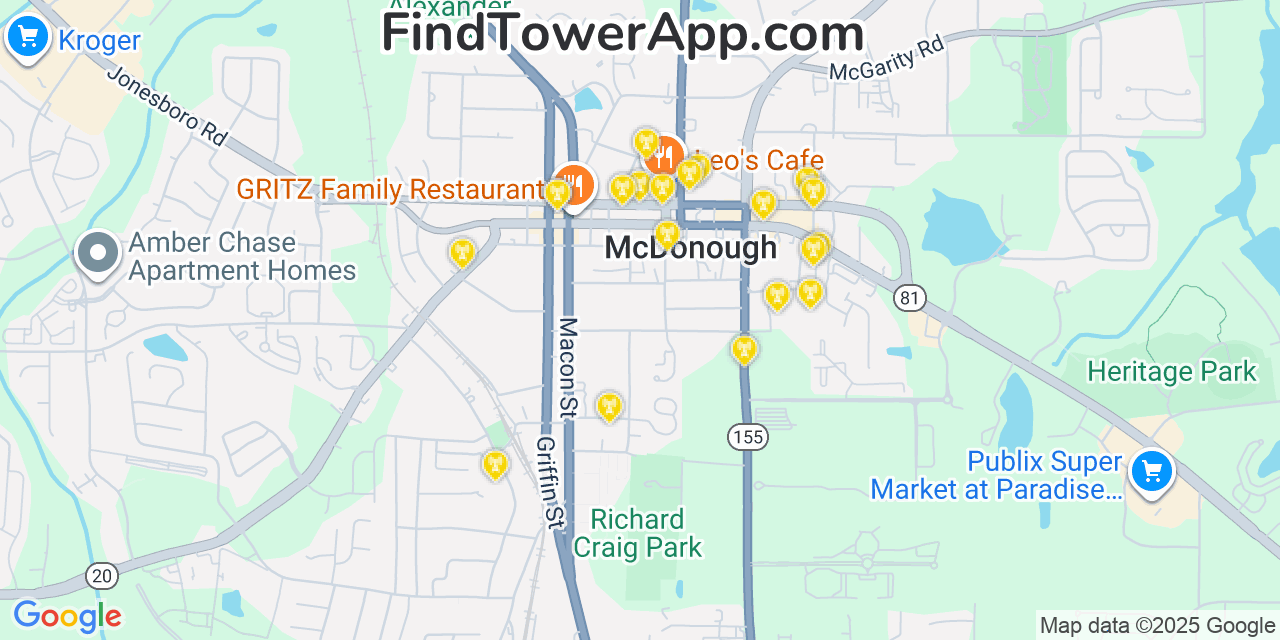 Map showing the 20 primary AT&T cell tower locations detected in Mcdonough, Georgia with coverage radius and signal strength indicators