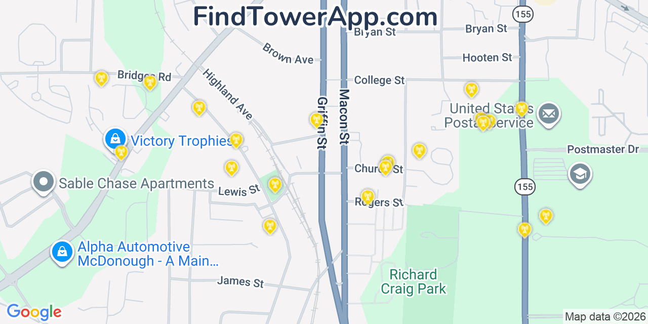 Map showing the 20 primary cell tower locations detected in Mcdonough, Georgia from AT&T, Verizon, and T-Mobile networks