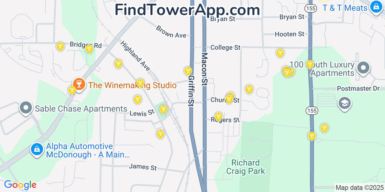 Map showing the 20 primary Mobitel cell tower locations detected in Mcdonough, Georgia with coverage radius and signal strength indicators