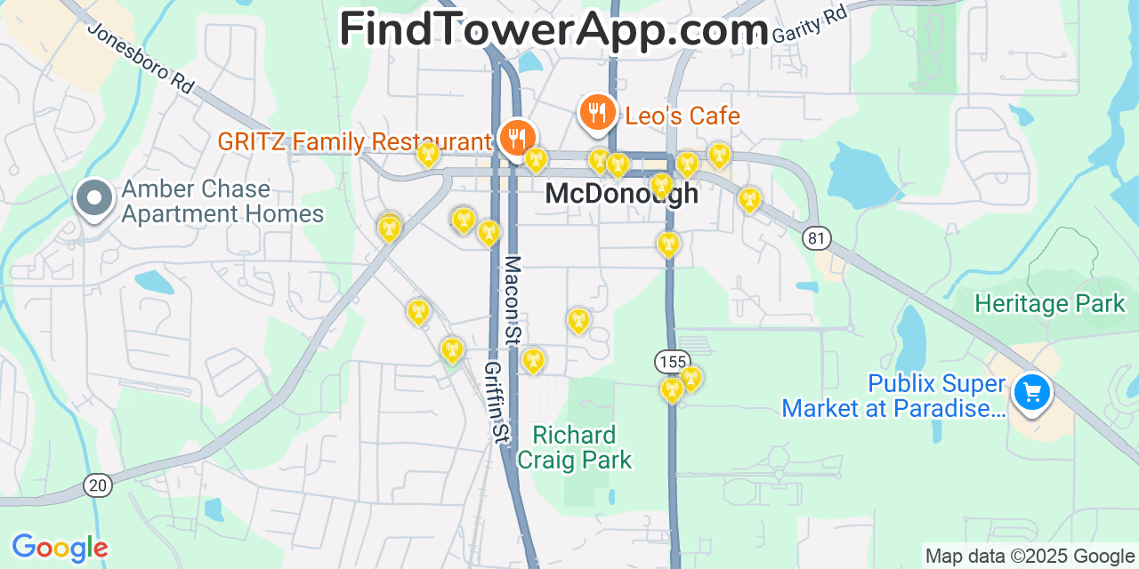Map showing the 20 primary T-Mobile cell tower locations detected in Mcdonough, Georgia with coverage radius and signal strength indicators